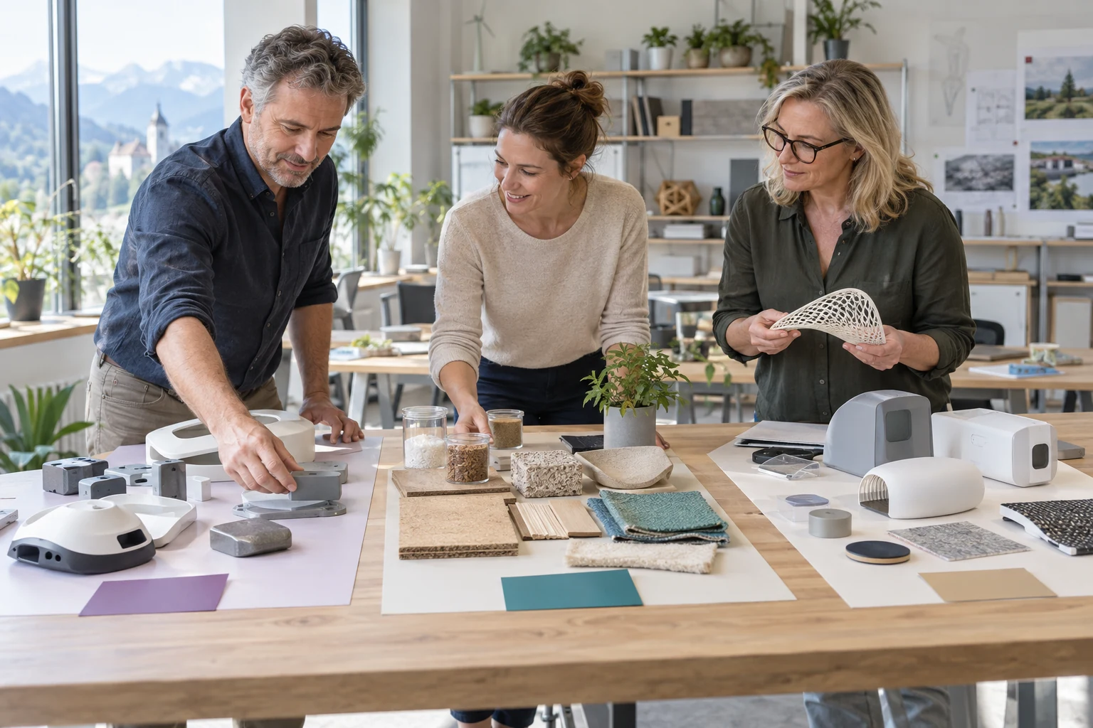 Drei Fachleute vergleichen mehrere getrennte Prototypen und Materialgruppen an einem Projekttisch